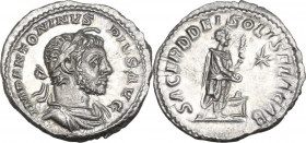 Elagabalus (218-222). AR Denarius. Obv. IMP ANTONINVS PIVS AVG. Laureate,horned and draped bust right. Rev. SACERD DEI SOLIS ELAGAB. Elagabalus standi...