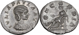 Julia Paula, first wife of Elagabalus (219-220). AR Denarius. Struck under Elagabalus, 219-220 AD. Obv. IVLIA PAVLA AVG. Draped bust right. Rev. CONCO...