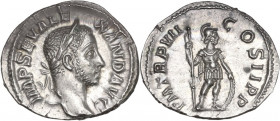 Severus Alexander (222-235 AD). AR Denarius, 222 AD. Obv. IMP SEV ALEXAND AVG. Laureate bust right. Rev. PM TR P VII COS II PP. Mars standing right, h...
