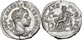Severus Alexander (222-235 AD). AR Denarius. Obv. IMP C M AVR SEV ALEXAND AVG. Laureate, draped and cuirassed bust right. Rev. SALVS PVBLICA. Salus se...