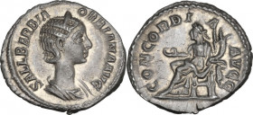 Orbiana, wife of Severus Alexander (225-227). AR Denarius, Rome mint. Special marriage issue, 225 AD. Obv. SALL L BARBIA ORBIANA AVG. Diademed and dra...