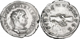 Balbinus (238 A.D.). AR Antoninianus, Rome mint. Obv. IMP CAES D CAEL BALBINVS AVG. Laureate, draped and cuirassed bust right. Rev. PIETAS MVTVA AVGG....