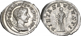 Gordian III (238-244). AR Denarius, 240 AD. Obv. IMP GORDIANVS PIVS FEL AVG. Laureate, draped and cuirassed bust right. Rev. PIETAS AVGVSTI. Pietas st...