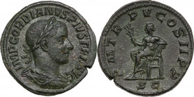 Gordian III (238-244). AE Sestertius, 241-243 AD. Obv. IMP GORDIANVS PIVS FEL AVG. Laureate, draped and cuirassed bust right. Rev. P M TR P V COS II P...