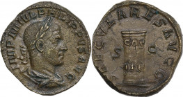 Philip I (244-249). AE Sestertius, 248 AD. Obv. IMP M IVL PHIIPPVS AVG. Laureate, draped and cuirassed bust right. Rev. SAECVLARES AVGG SC. Low column...