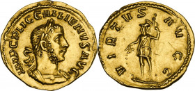 Gallienus (253-268). AV Aureus, 253-254 AD. Obv. IMP C P LIC GALLIENVS AVG. Laureate and cuirassed bust right. Rev. VIRTVS AVGG. Soldier standing left...