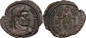 Vetranio (350 AD). AE 24.5 mm. 350 AD. Siscia mint. Obv. DN VETRANIO PF AVG. Laureate, draped and cuirassed bust right; A behind bust; star before. Re...