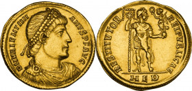 Valentinian I (364-375). AV Solidus, Mediolanum mint, 364-365 AD. Obv. DN VALENTINI-ANVS PF AVG. Pearl-diademed, draped and cuirassed bust right. Rev....