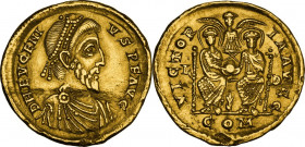 Eugenius (392-394). AV Solidus, Lugdunum mint. Obv. D N EVGENI-VS P F AVG. Pearl-diademed, draped and cuirassed bust right. Rev. VICTOR-IA AVGG. In fi...