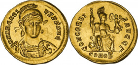 Arcadius (383-408). AV Solidus, Constantinople mint, 397- 402 AD. Obv. D N ARCADI - VS P F AVG. Helmeted, diademed and cuirassed bust facing, holding ...