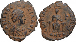 Aelia Eudoxia, wife of Arcadius (Augusta 400-404 AD). AE 17.5 mm. Antioch mint, 401-403 AD. Obv. AEL EVDOXIA AVG. Pearl-diademed and draped bust right...