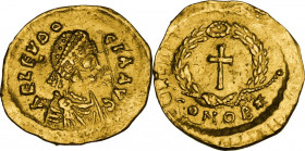 Eudocia, wife of Theodosius II (died 460 AD). AV Tremissis, Constantinople mint. Obv. AEL EVDO-CIA AVG. Pearl-diademed and draped bust right. Rev. Cro...