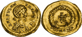 Aelia Pulcheria, sister of Theodosius II and wife of Marcian (414-453). AV Tremissis, Constantinople mint, c. 430-440 AD. Obv. AEL PVLCH-ERIA AVG. Pea...