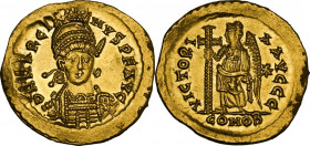 Marcian (450-457). AV Solidus, Constantinople mint, 450 AD. Obv. DN MARCIANVS P F AVG. Pearl-diademed, helmeted bust facing, cuirassed, spear in right...