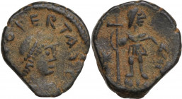 Leo I (457-474). AE Nummus, Nicomedia mint. Obv. [...]O PERT AVG. Pearl-diademed, draped and cuirassed bust right. Rev. Leo standing front, head right...