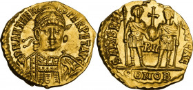 Anthemius (467-472). AV Solidus, Rome mint, 468 AD. Obv. DN ANTHEMI - VS PF AVG. Pearl-diademed, helmeted and cuirassed bust facing, holding spear ove...