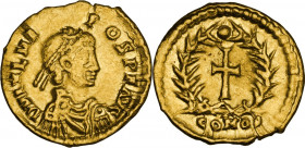 Julius Nepos (474-475). AV Tremissis. Mediolanum mint. Obv. D N IVL NE–POS P F AVG. Pearl-diademed, draped and cuirassed bust right. Rev. Cross within...