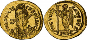 Basiliscus (475-476). AV Solidus, Constantinople mint. Obv. DN bASILIS-CЧS PP AVG. Pearl-diademed, helmeted and cuirassed bust facing, head slightly r...