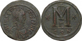 Anastasius I (491-518). AE Follis. Constantinople mint, struck 512-517 AD. Obv. D N ANASTA-SIVS PP AVG. Diademed and draped bust right / DOC I 23c; SB...