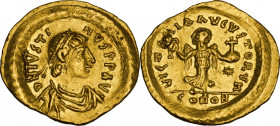 Justin I (518-527). AV Tremissis, Constantinople mint. Obv. DN IVSTINVS PP AVG. Diademed, draped and cuirassed bust right. Rev. VICTORIA AVGVSTORVM. V...