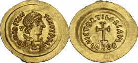 Tiberius II Constantine (578-582). AV Tremissis, Ravenna mint. Obv. Dm COSTAN TINVS PPA. Pearl-diademed, draped and cuirassed bust right. Heavy annula...
