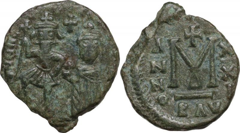 Heraclius (610-641) with Heraclius Constantine. AE Follis, Ravenna mint, 630/1 A...