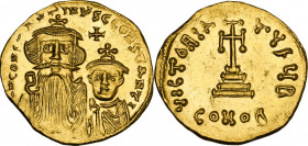 Constans II (641-668) with Constantine IV. AV Solidus, Constantinople mint. Obv. dN CONSTANTINЧS C CONSTANtI. Facing busts of Constans, with long bear...