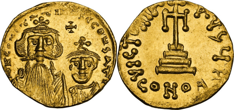 Constans II (641-668) with Constantine IV. AV Solidus, Constantinople mint. Obv....