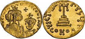Constans II (641-668) with Constantine IV. AV Solidus, Constantinople mint. Obv. dN CONSTANTINYS C CONSAT [ ]. Facing busts of Constans, with long bea...