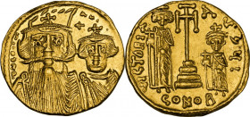 Constans II (641-668). AV Solidus, Constantinople mint, c. 661- 663 AD. Obv. ∂ N COSτ ANI. Draped busts of Constans, wearing plumed helmet and long be...