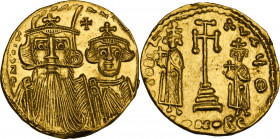 Constans II (641-668). AV Solidus, Constantinople mint, c. 661- 663 AD. Obv. ∂ N COSτ AN. Draped busts of Constans, wearing plumed helmet and long bea...