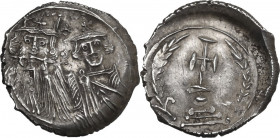 Constans II, with Constantine IV (641-668). 'Ceremonial' Silver Coinage. AR Miliaresion, Constantinople mint, 652-654 AD. AD. Obv. Draped facing busts...