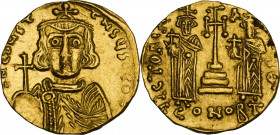 Constantine IV Pogonatus, with Heraclius and Tiberius (668-685). AV Solidus, Constantinople mint. Obv. ∂N CONST- TNSЧS C COS. Facing bust of Constanti...