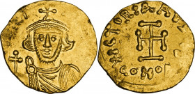 Justinian II (First Reign, 685-695). AV Tremissis, Constantinople mint. Obv. [D. IЧ]SƮINI[ANЧS PЄ. AVC] Crowned bust facing, with short beard, wearing...