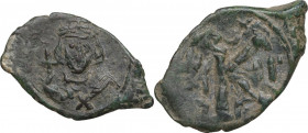 Justinian II (First Reign, 685-695). AE Half-follis, Constantinople mint, Year 2=686/7 AD. Obv. Bust facing, with short beard, wearing crown and chlam...