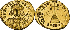 Tiberius III, Apsimar (698-705). AV Solidus, Constantinople mint. Obv. Bust facing, with short beard, wearing crown and cuirass, and holding spear and...