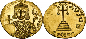 Philippicus, Bardanes (711-713). AV Solidus, Constantinople mint. Obv. [ON FILЄP]ICЧS M[Ч]LTЧS AN. Crowned facing bust, wearing slight beard and loros...