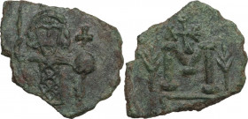 Leo III the Isaurian (717-741). AE Follis, Syracuse mint. Obv. Leo III standing facing, wearing helmet and loros, and holding spear and globus crucige...