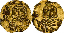 Constantine V, Copronymus (741-775). AV Semissis, Syracuse. Obv. [ ]ST[ ] Bust of Constantine facing, wearing crown and chlamys, holding cross potent ...