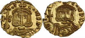 Constantine V (741-775). AV Tremissis, Syracuse mint. Obv. Bust facing wearing crown and chlamys and holding cross potent and akakia. Rev. Facing bust...