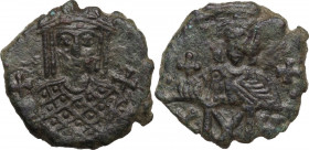 Constantine VI with Irene (780-797). AE Follis. Constantinople mint. Struck 792-797. Obv. Crowned facing bust of Irene, wearing loros, holding globus ...
