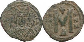 Irene (797-802 AD). AE Follis, Constantinople mint. Obv. [ЄIRI]nH bASI. Crowned facing bust of Irene, wearing loros, holding globus cruciger in her ri...