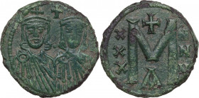 Leo V the Armenian, with Constantine (813-820). AE Follis. Constantinople mint. Obv. Anaepigraphic. Crowned facing busts of Leo and Constantine, each ...