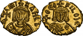 Michael II, the Amorian (820-829). AV Solidus, Syracuse mint. Obv. MI XAHL b. Bust of Michael, facing, with short beard, wearing crown and loros, and ...
