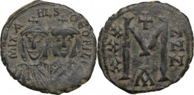 Michael II with Theophilus (821-829). AE Follis. Constantinople mint. Struck 821-829. Obv. mIXA HL S ΘEOFIL'. Crowned facing busts of Michael, wearing...