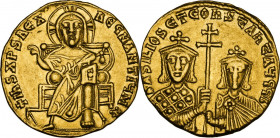 Basil I, the Macedonian (867-886 AD). AV Solidus, Constantinople mint. Obv. +IhS XPS REX REGNANTIЧM*. Christ, nimbate, enthroned facing, raising hand ...