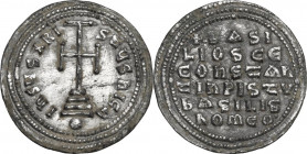 Basil I the Macedonian (867-886) with Constantine (868-879). AR Miliaresion, Constantinople mint, 868-879 AD. Obv. Cross potent set on three steps; gl...