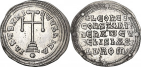 Leo VI, the Wise, with Constantine VII (886-912). AR Miliaresion, Constantinople mint. Obv. IҺSЧS XRISTЧS ҺICA. Cross potent set upon three steps; glo...