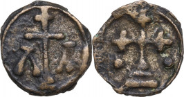 Leo VI, the Wise (886-912). AE 17,5 mm. Cherson mint. Obv. Patriarchal cross between Λ and Α. Rev. Cross floriate on two steps; in field to leftand to...