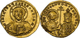 Nicephorus II, Phocas (963-969). AV Histamenon Nomisma, Constantinople mint. Obv. + IҺS XIS RЄX RЄGNANTIҺM. Facing bust of Christ Pantokrator. Rev. + ...